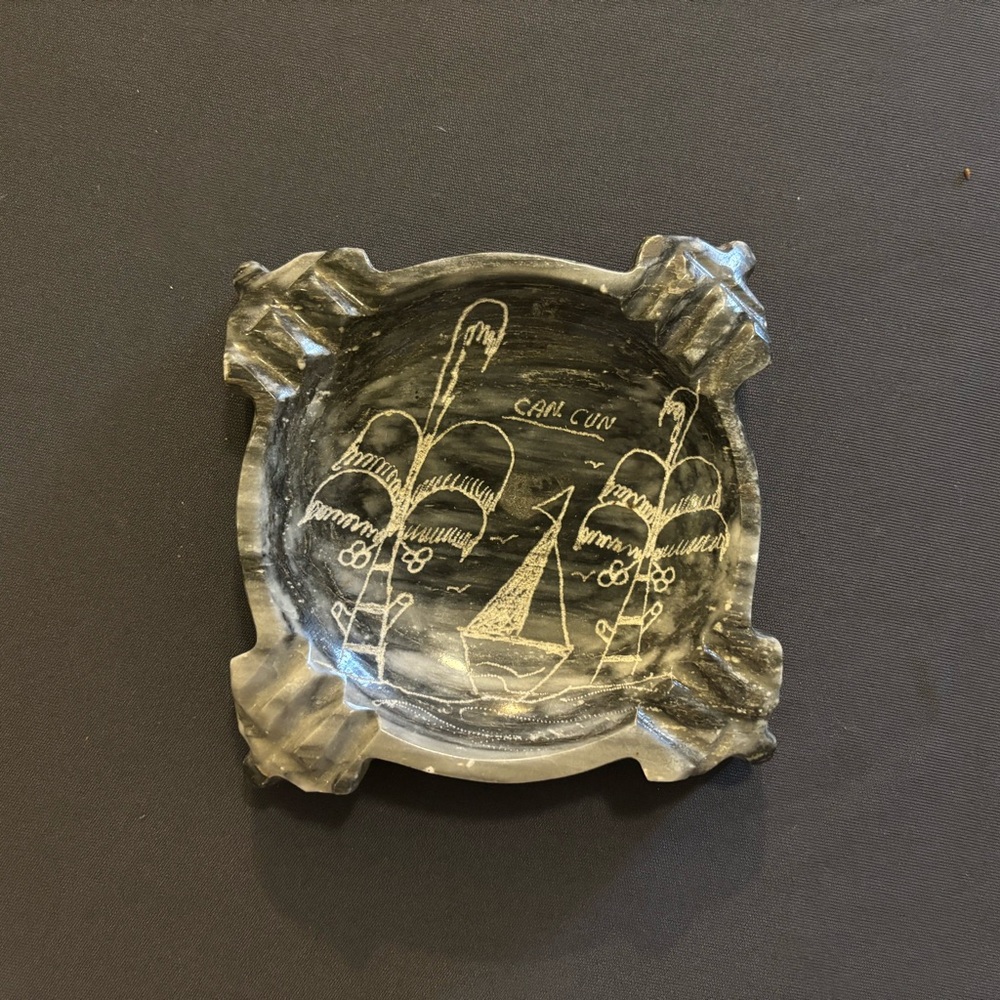 Vintage Etched Black Marble Cigarette Ashtray Can Cun Boat with Trees